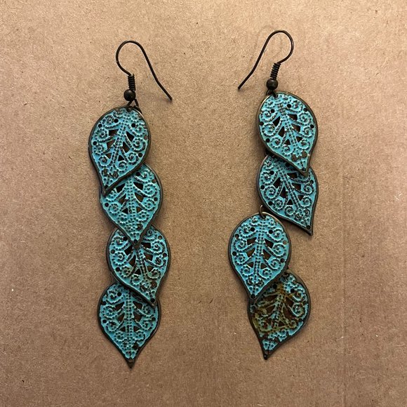 Jewelry - Turquoise Blue Painted Boho Antique Brass 2.5" Dangling Earrings Never Worn